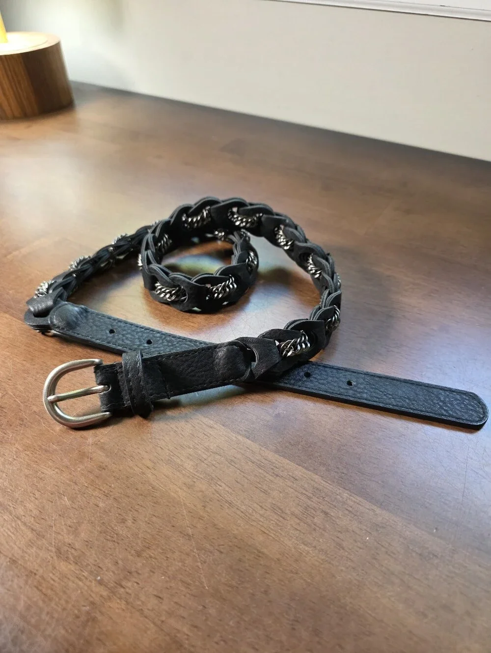 Black Braided Leather & Silver Chain Hybrid Statement Waist Belt